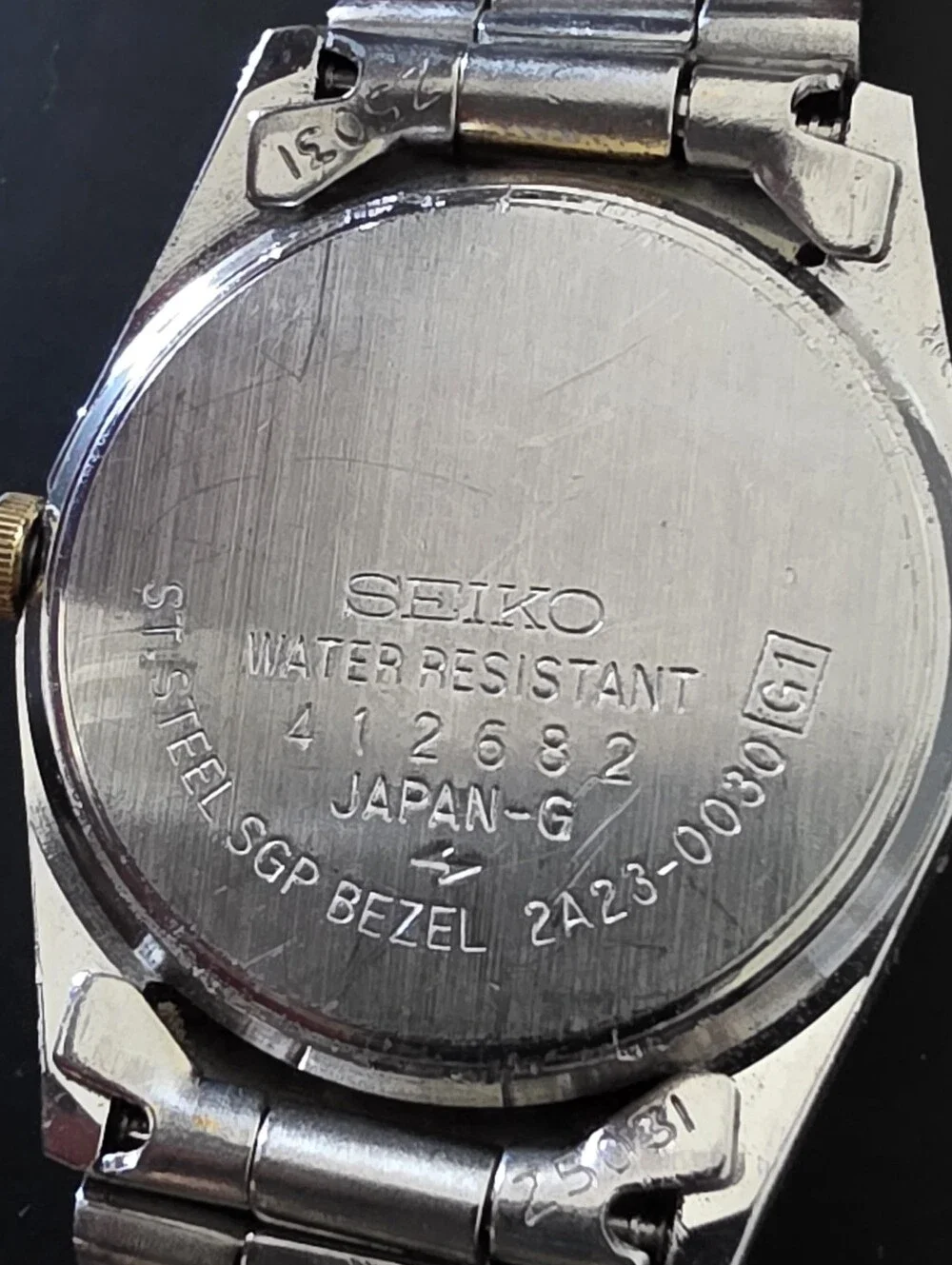 VTG Seiko SQ Gold Plated Fluted Bezel Two Tone English French Day Date Works